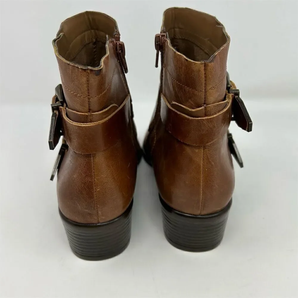 Aerosoles Women's My Time Brown Leather Ankle Boots Size 10 Zip Buckle Mid Heel